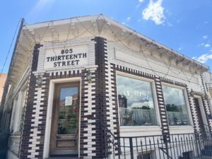 Tiled building with blue sky, 805 13th St. Golden, CO.